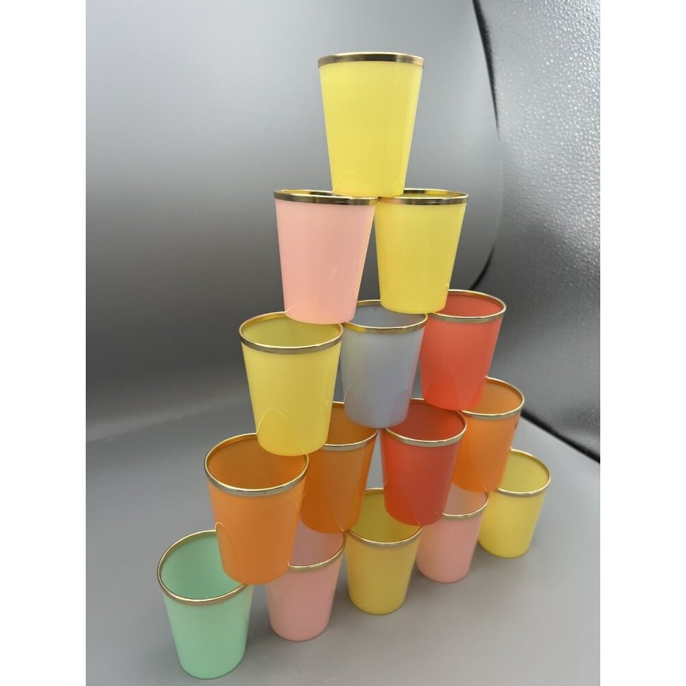 15 MCM Glasses Plastic Shot Mini Dessert KIH Vtg Hong Kong Multicolor Gold Band - Picture 16 of 16